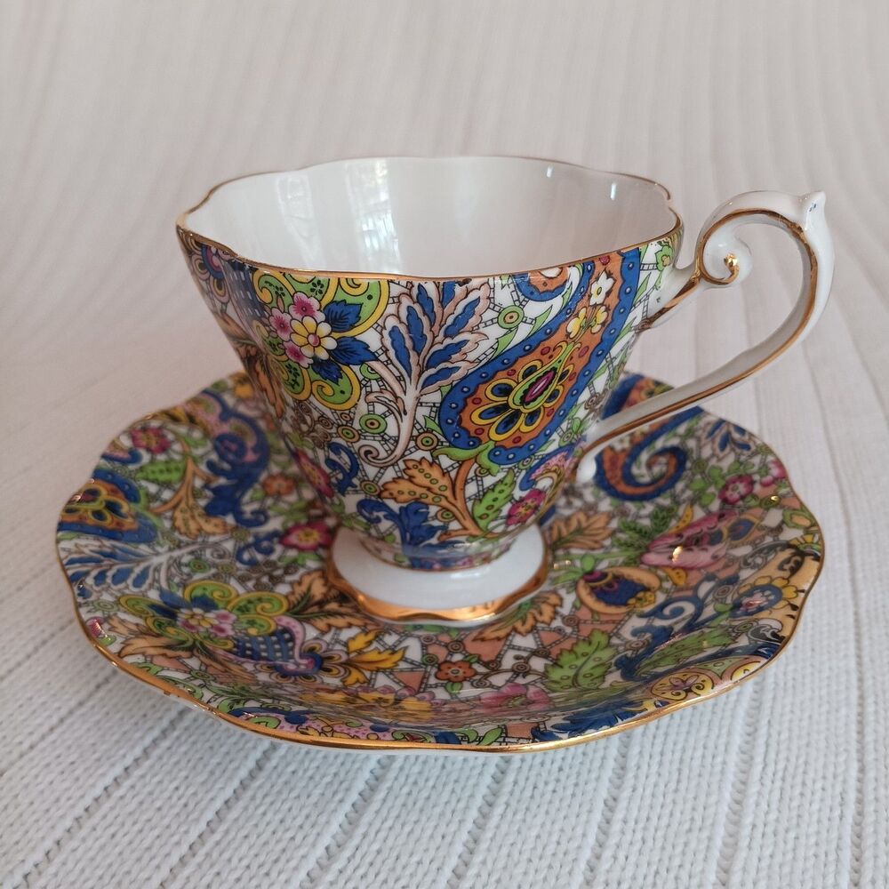 Vtg Royal Standard Tea Cup & Saucer Paisley chintz bone china multicolor